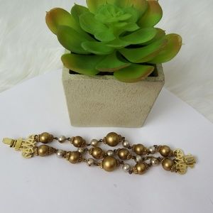 Vintage Beaded gold clip bracelet